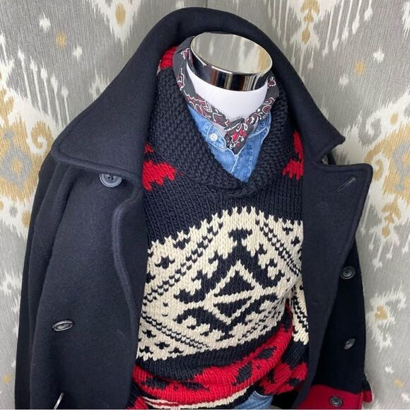 Polo Ralph Lauren Merino Wool Black & Red Double Breasted Top Over Pea Coat - Picture 8 of 16